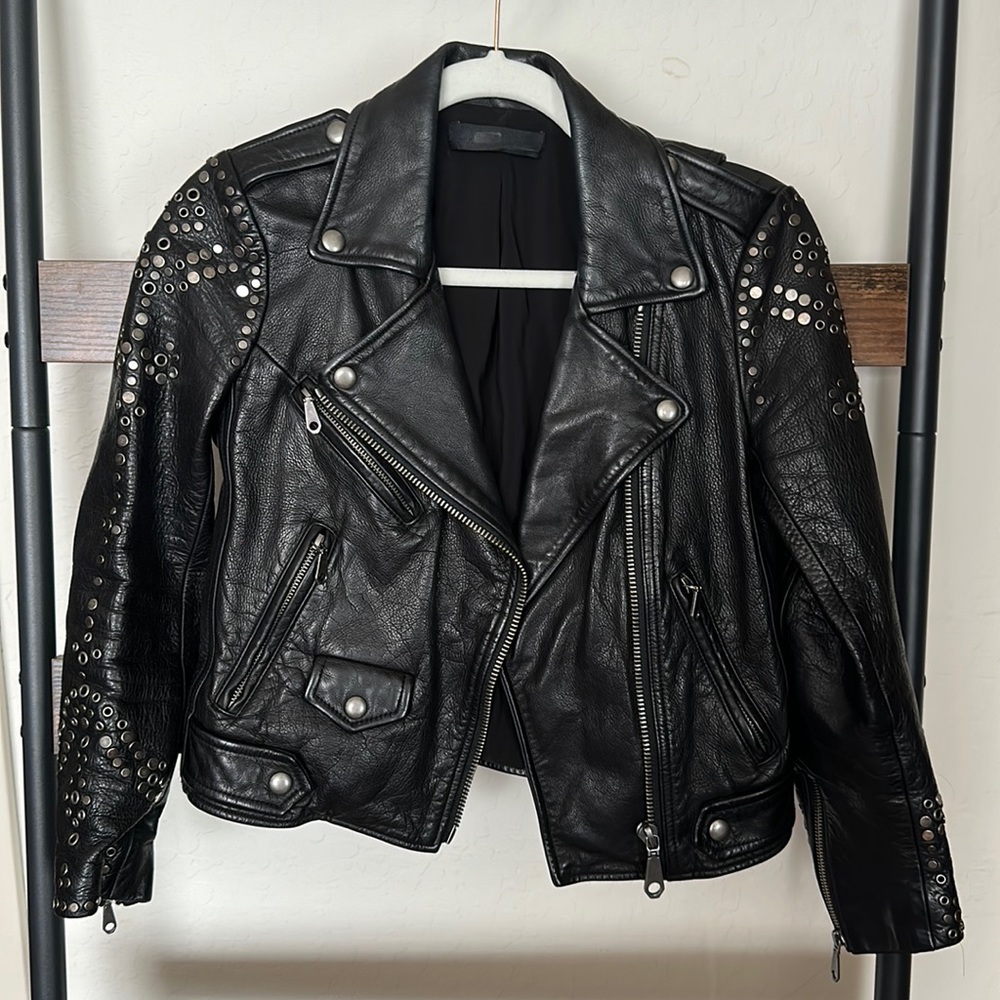 REBECCA MINKOFF BLACK MOTO COW LEATHER STUDDED JACKET SIZE XSMALL